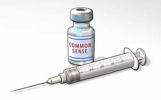 Image of syringe and vial saying "Common Sense."